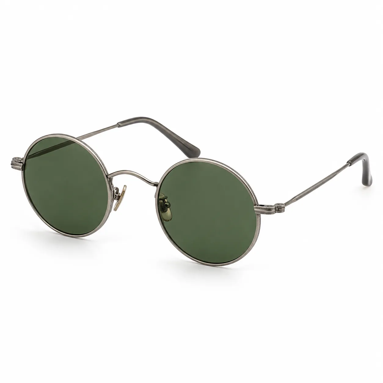 Custom round sunglasses with thin metal frame and flat circular lenses in vintage gold finish