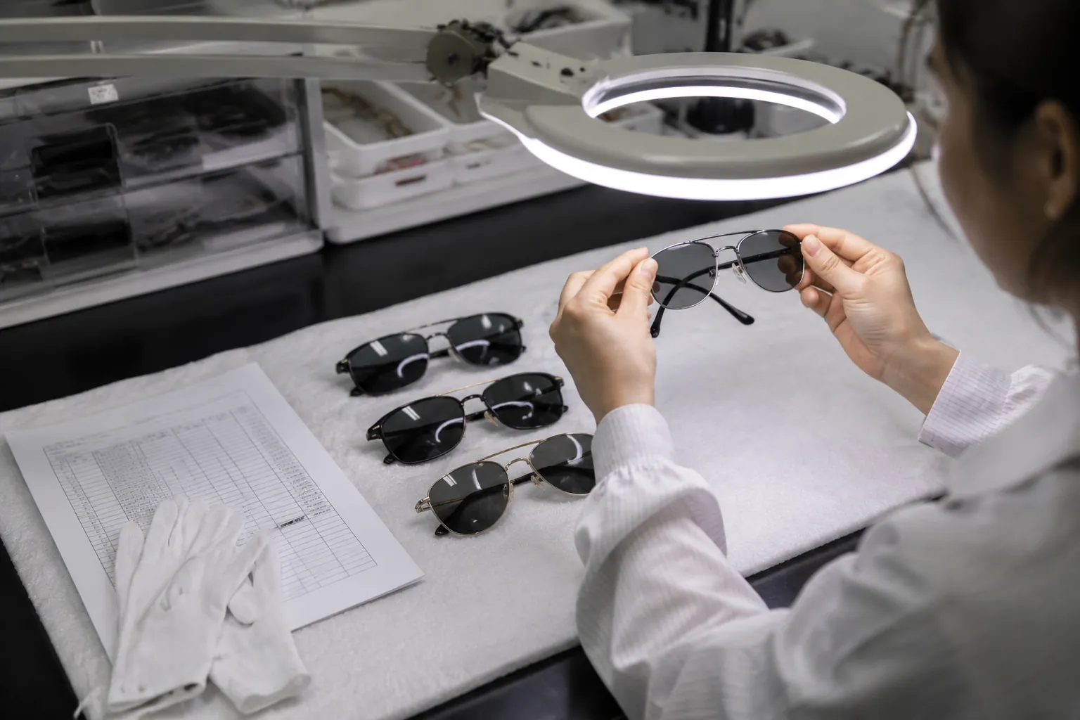 Quality inspector performing AQL final inspection and UV transmittance testing on finished custom sunglasses